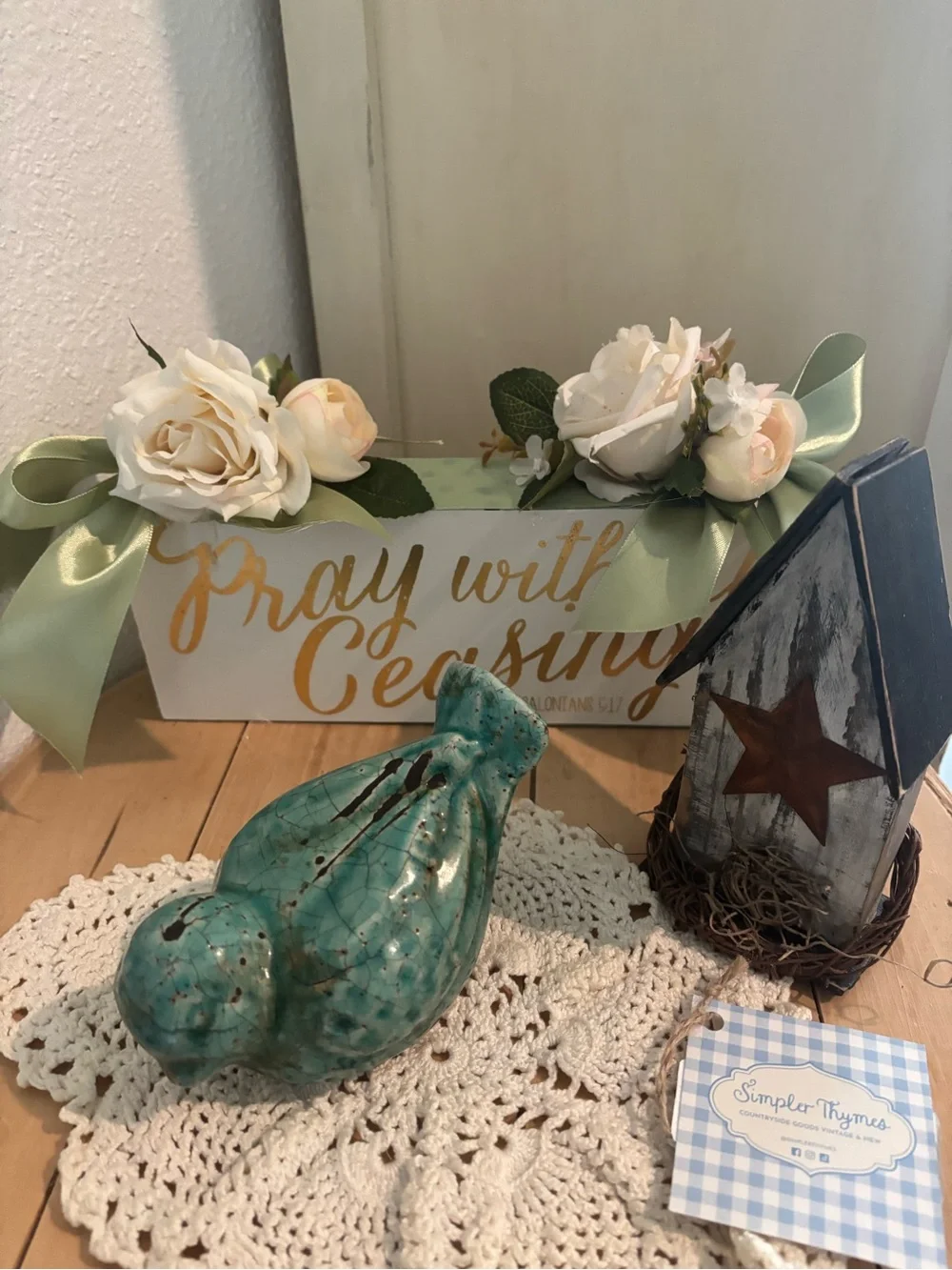 Hand Crafted Scripture Floral Sign Pray Without Ceasing Cream Florals Final Sale